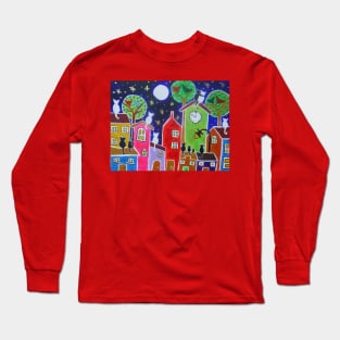 Cats Moon Gazing on Quirky Colourful Houses Long Sleeve T-Shirt